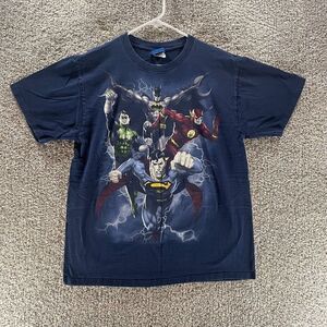 Justice League Shirt Adult Large Blue DC Comics Superheros Short Sleeve Mens